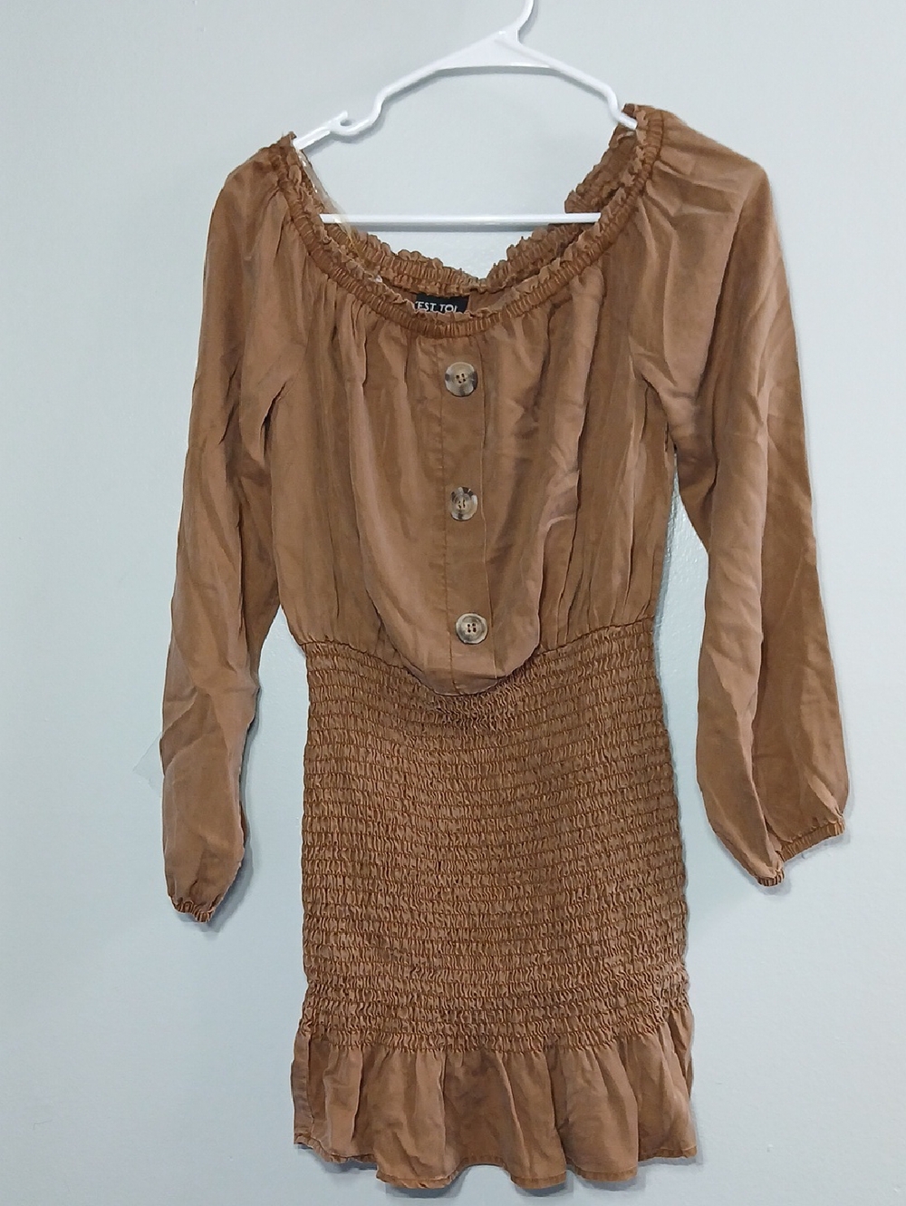Smocked Waist Brown Off-Shoulder Dress